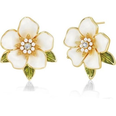 Gold Tone White Floral Stud Earrings Women Simulated Stone Jewelry Gift Set Wear