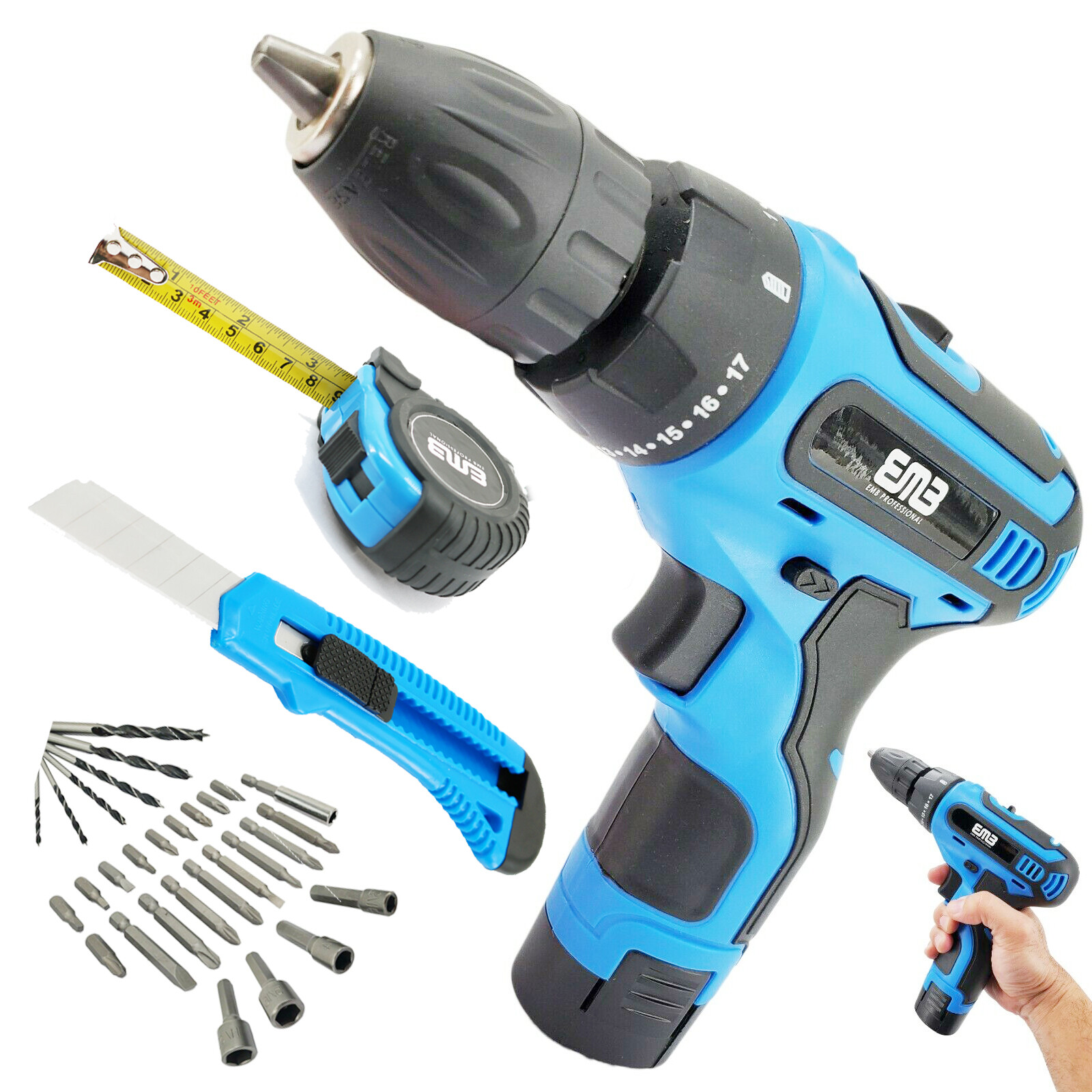 EMB 12V Lithium Battery Cordless Drill + Tape 10 Feet Long + Utility Box Cutter