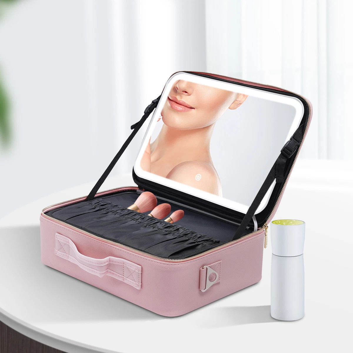 Travel Makeup Case with LED Light&Mirror Cosmetics Storage Box Adjustable  Mirror