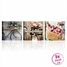 Tris bici vintage - QUADRI 3x (25x25cm) SU TELA SHABBY CHIC ROSA FIORI VINTAGE