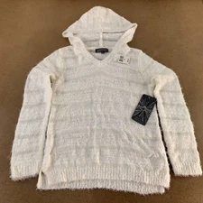 Almost Famous Womens Pullover Sweater White Hooded Striped Long Sleeve XL New