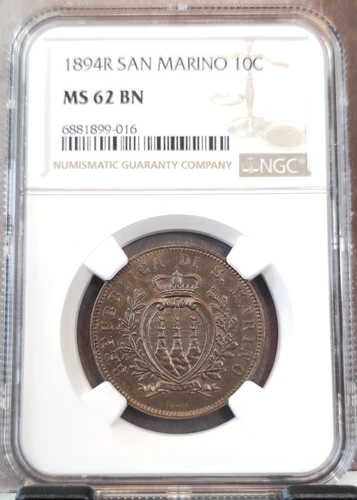 1894 SAN MARINO 10 CENTESIMI COAT OF ARMS NGC MS 62 BN MINT STATE BEAUTY