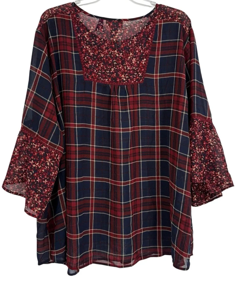 Top Catherines Mujer 3X Pequeño Rojo Cuadros Manga 3/4 Cuello en V Borlas Mangas Campana Foto 2 de 4