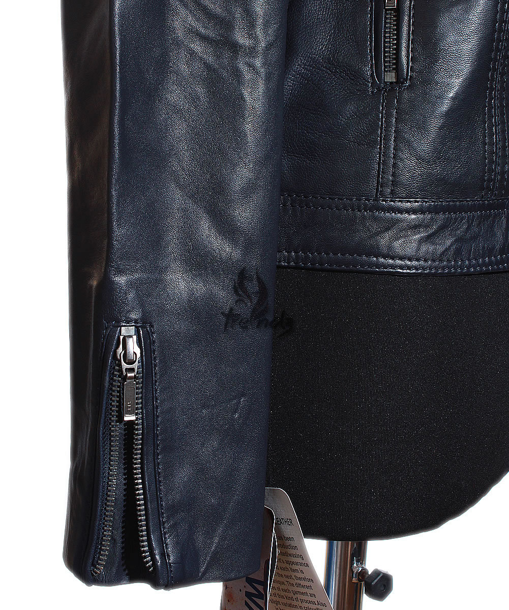 Ladies MILA Dark Blue Biker Style Designer Retro Real Lambskin Leather Jacket