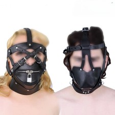 PU Leather Trainer Head Hood Mask Open Mouth Panel Ball Gags Binding Harness