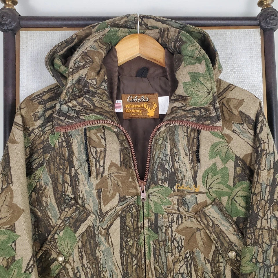 VTG CABELAS WHITETAIL 100% Wool Hooded Field Jacket Lined Mens Sz Medium Camo - Image 3 of 4