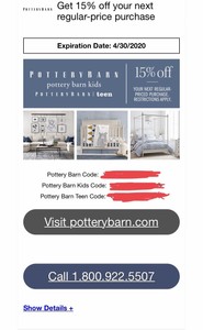 Pottery Barn Coupon 15 Off Regular Price Purchase Exp 4 30 2020 E