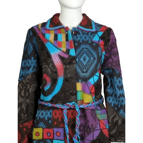SANDY STARKMAN カーディガン Sandy Starkman Black Multicolor Patchwork Cardigan M Button Round
