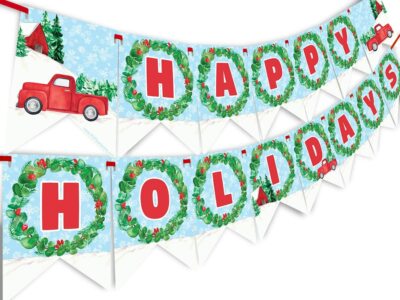 Winter Pick Up Truck Happy Holidays Banner - Red Pick Up Truck Party Supplies - 