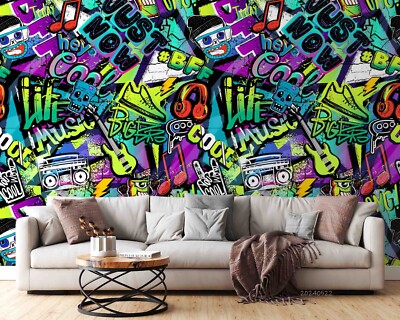 3D Music Elements Text Graffiti Wallpaper Wall Murals Removable Wallpaper