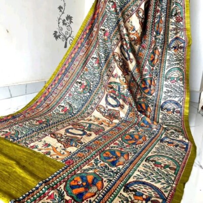 Madhubani Pure Tussar Ghicha Hand Painted Saree