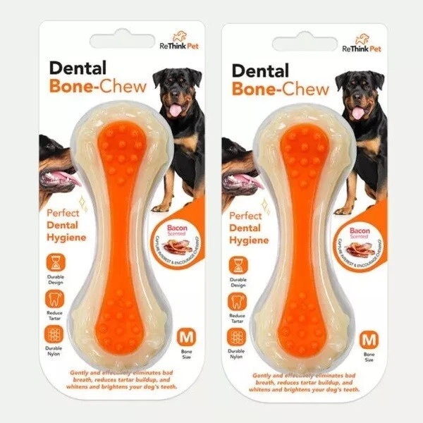 RETHINK 2x Dog Dental Bone Chew Bacon Flavour Medium Durable Pet Toy Textured SET of 2