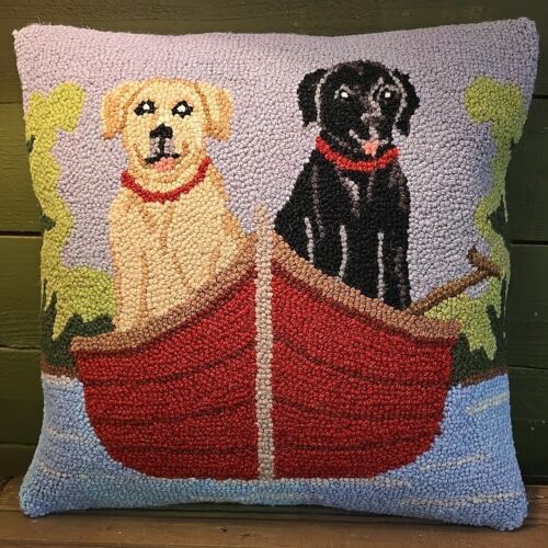Lab Dogs in Canoe 16" Wool Hooked Pillow - Black Lab & Yellow Lab Lake Pine Tree