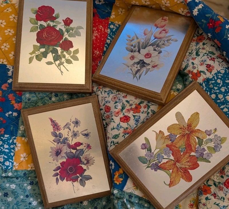 Mcm Metal Fake Wood Floral 4x6 Picture  Set Of 4 As Is