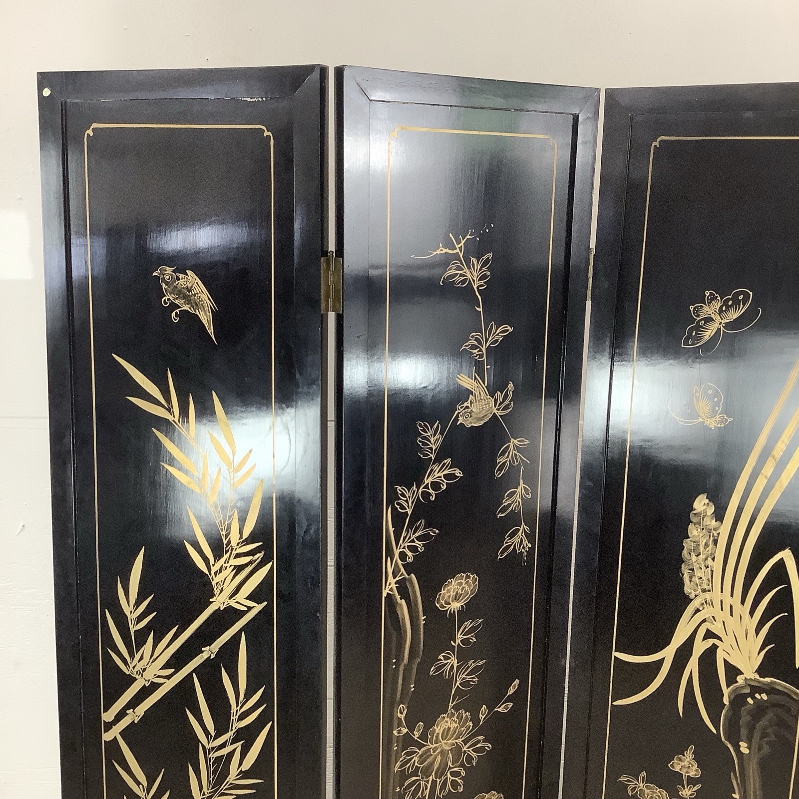 Vintage Black Lacquer Chinoiserie Folding Screen
