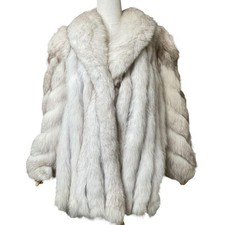 Vintage SAGA FOX Real Genuine Blue Fox Fur Coat White Light Grey Size 13 L