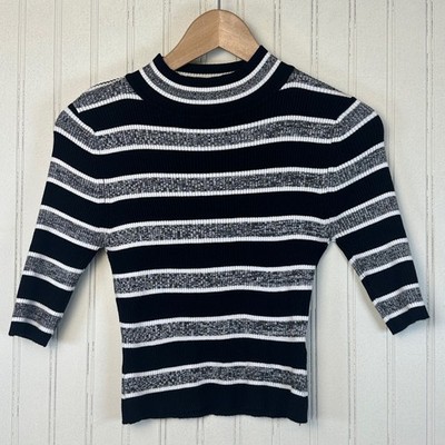 The Slope Brooklyn Striped Mock Neck 3/4 Sleeve Ribbed Knit Top