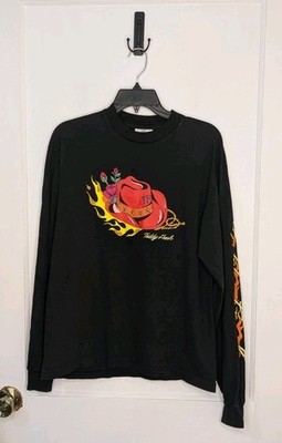 Teddy Fresh T-Shirt Giddy Up Long Sleeve Flames Flowers Black Size Medium Logo