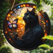 Enchanted Cat Butterfly Stained Glass Style Suncatcher for Whimsical Home