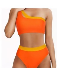 2 Piece Bikini Bathing Suit Set One Shoulder Orange Size Small