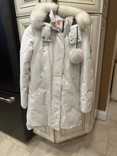 Moose Knuckles Stirling Parka White Fox Fur Hood Poms Long Ret$1,295