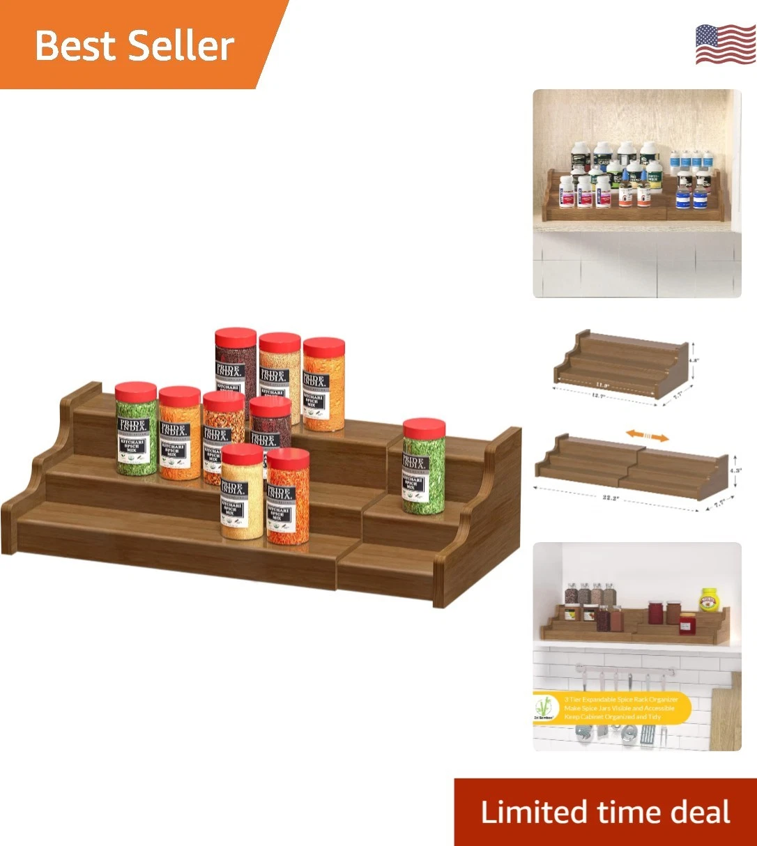 Versatile Expandable Bamboo Spice Rack - 3-Tier Wooden Shelf for Kitchen Use