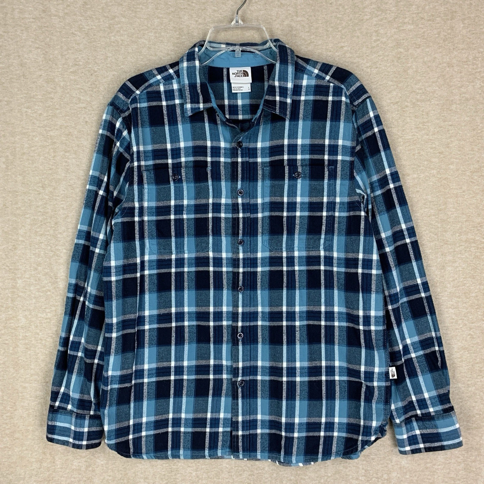 The North Face Mens Flannel Shirt Mens Large Blue Button Plaid Cotton Hiking