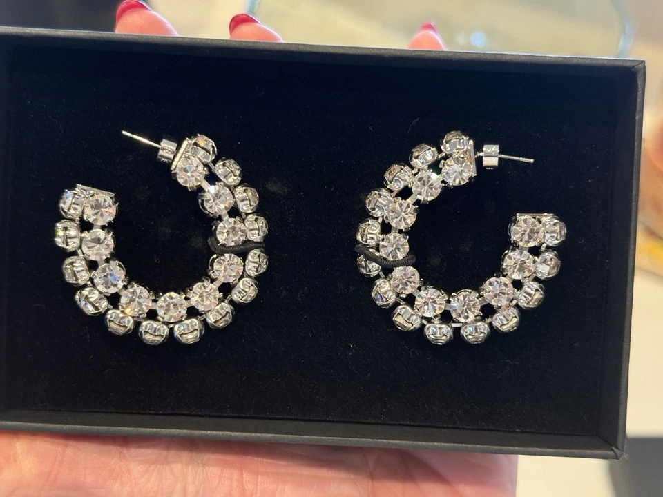 AREA Silver Metal & Crystal Embellished Small Hoop Earrings Retail $250 - Image 2 of 4