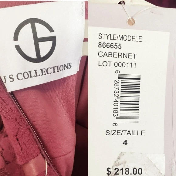 Burgundy Long Mermaid Dress Women 4 SMALL Lace Gown Wedding JS COLLECTIONS New - Image 3 of 4