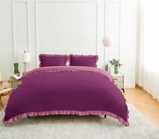 Image of Reversible Duvet Cover Frills Bedding Pillowcase Set Plain Quilt Double King