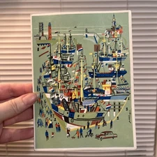 Vintage KLM Royal Dutch Airlines Menu Netherlands Dutch Fishing Harbour Art