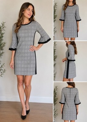 Three Dots Women's XS Plaid Bell Sleeve Shift Dress Black White Career
