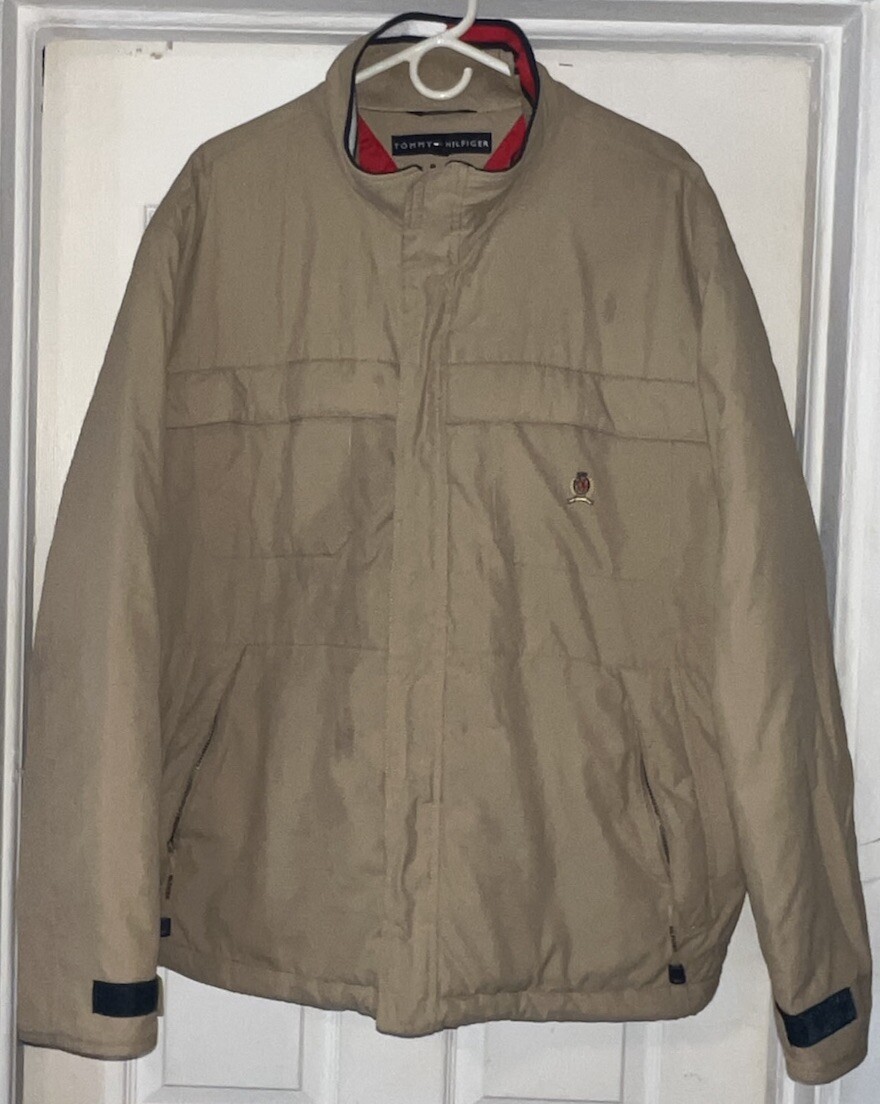 Vintage Tommy Hilfiger Parka Jacket Men Size XXL Beige Tan Full Zip 90s Logo