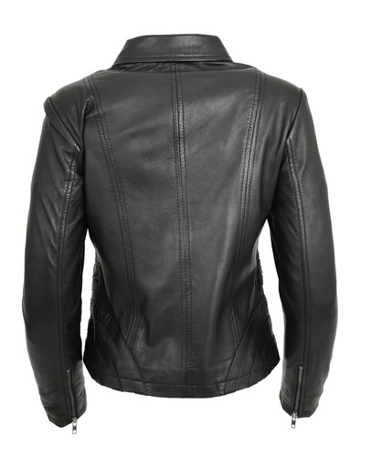 Womens Real Leather Biker Style Jacket Fitted Casual Zip Fasten Black Brown Tan - Picture 7 of 26