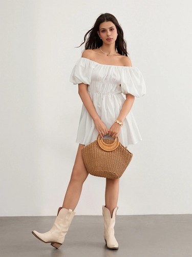 Women Casual Summer Dress Fashion Sexy Solid Color Elegant Short Puff Sleeve Off - Foto 13 di 27