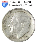 1962 D Roosevelt Dime 90% SILVER About Good/Good or Better (AG/G) *JB's Coins*