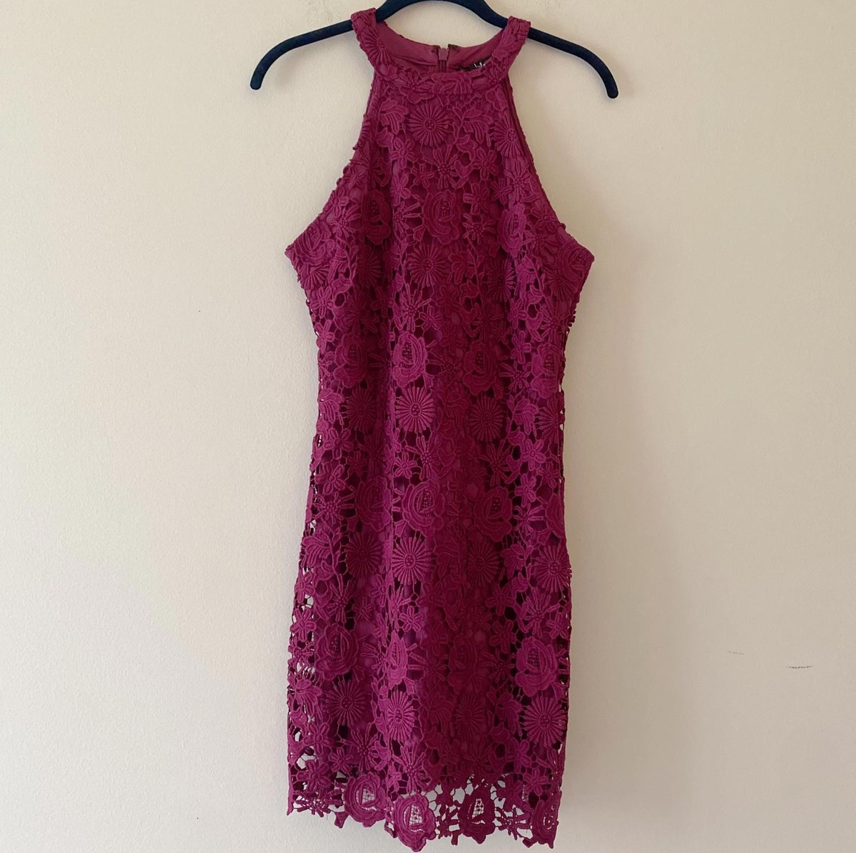 Lulus Love Poem Burgundy Lace Halter Mini Dress