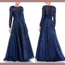 NWT 998 Mac Duggal 10 Floral Embellished Long Sleeve A-Line Gown Navy G1673