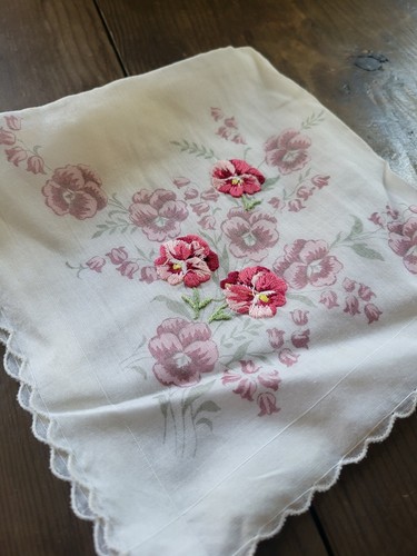 Vtg Hand Embroidered Hankie Lady's Handkerchief Pink Floral Appx 13" Incomplete - Picture 7 of 7