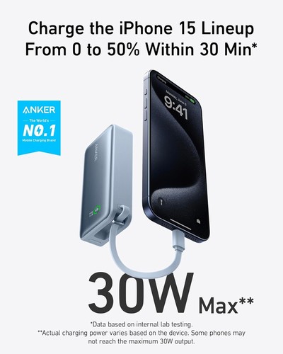 Anker Nano 10000mAh Power Bank Built-In USB-C Cable PD 30W Output Fast Charging - Picture 2 of 6