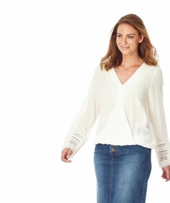 Katies Women Wrap Top Off White Crochet Lace Trim Long Sleeve Sz AU 16 NEW