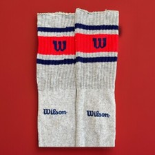 VTG Wilson Tube Socks Gray Red Navy Acrylic Blend Wilson Spell Out 9-11 80s 90s.