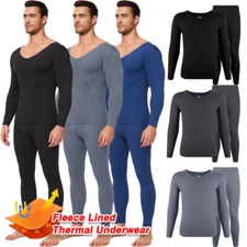 Fleece Lined Mens Thermal Underwear Set V-Neck Base Layer Long Johns Top Bottom