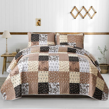 Brown Patchwork Quilt Set California King Size,3 Pieces Khaki Floral Plaid Rever