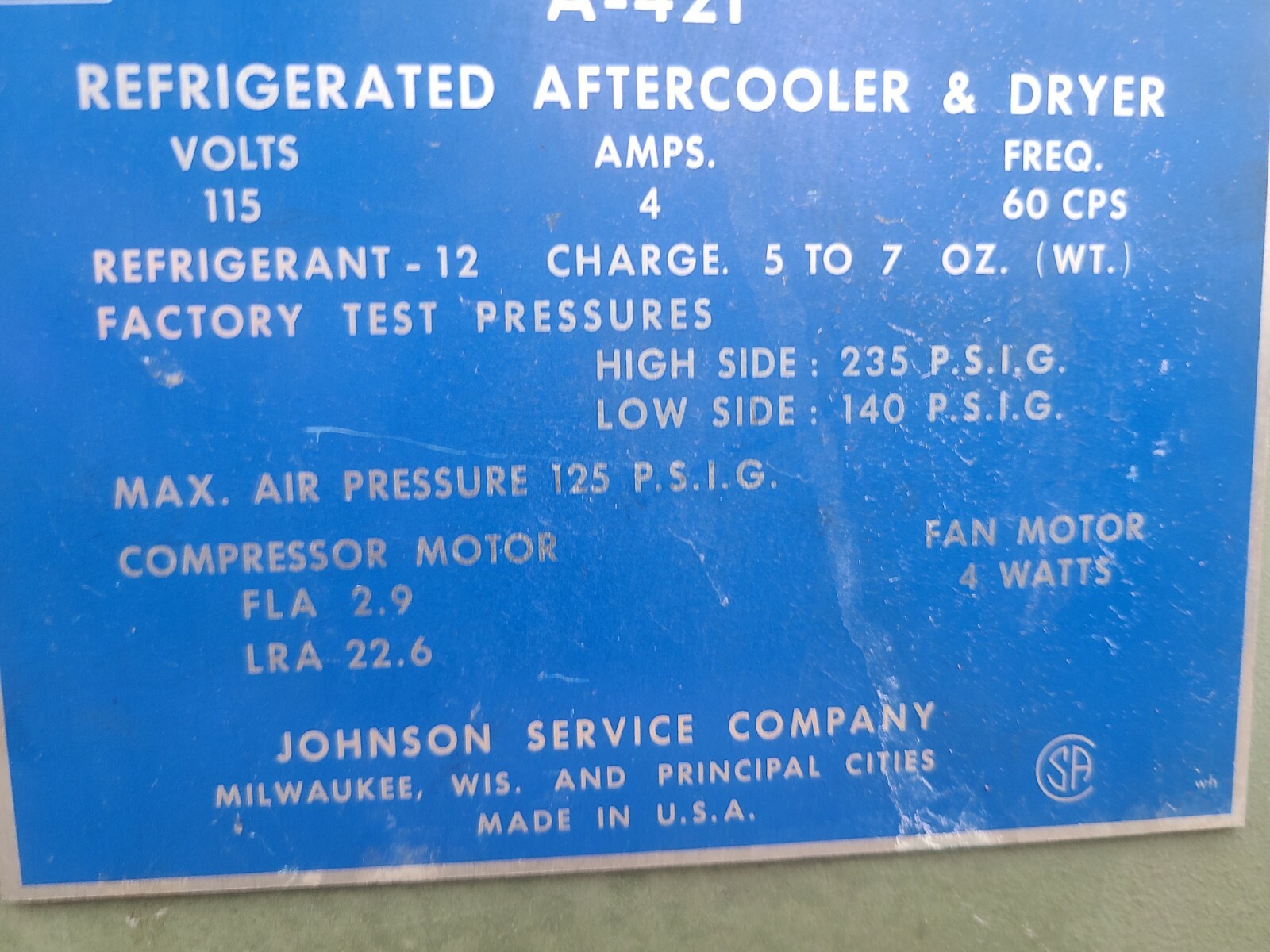 JOHNSON SERVICE COMPANY A421 REFRIGERATED AFTERCOOLER AND DRYER eBay