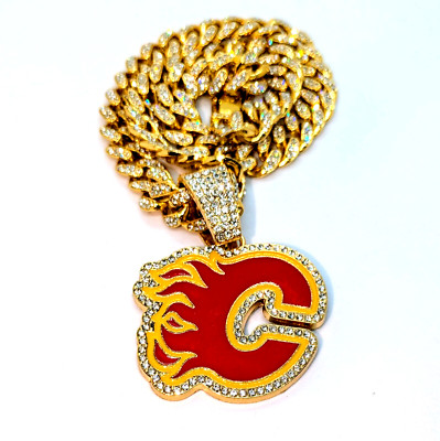 CALGARY FLAMES GEM NECKLACE Gold Bling NHL Hockey Hip Hop Pendant & 20'' Chain