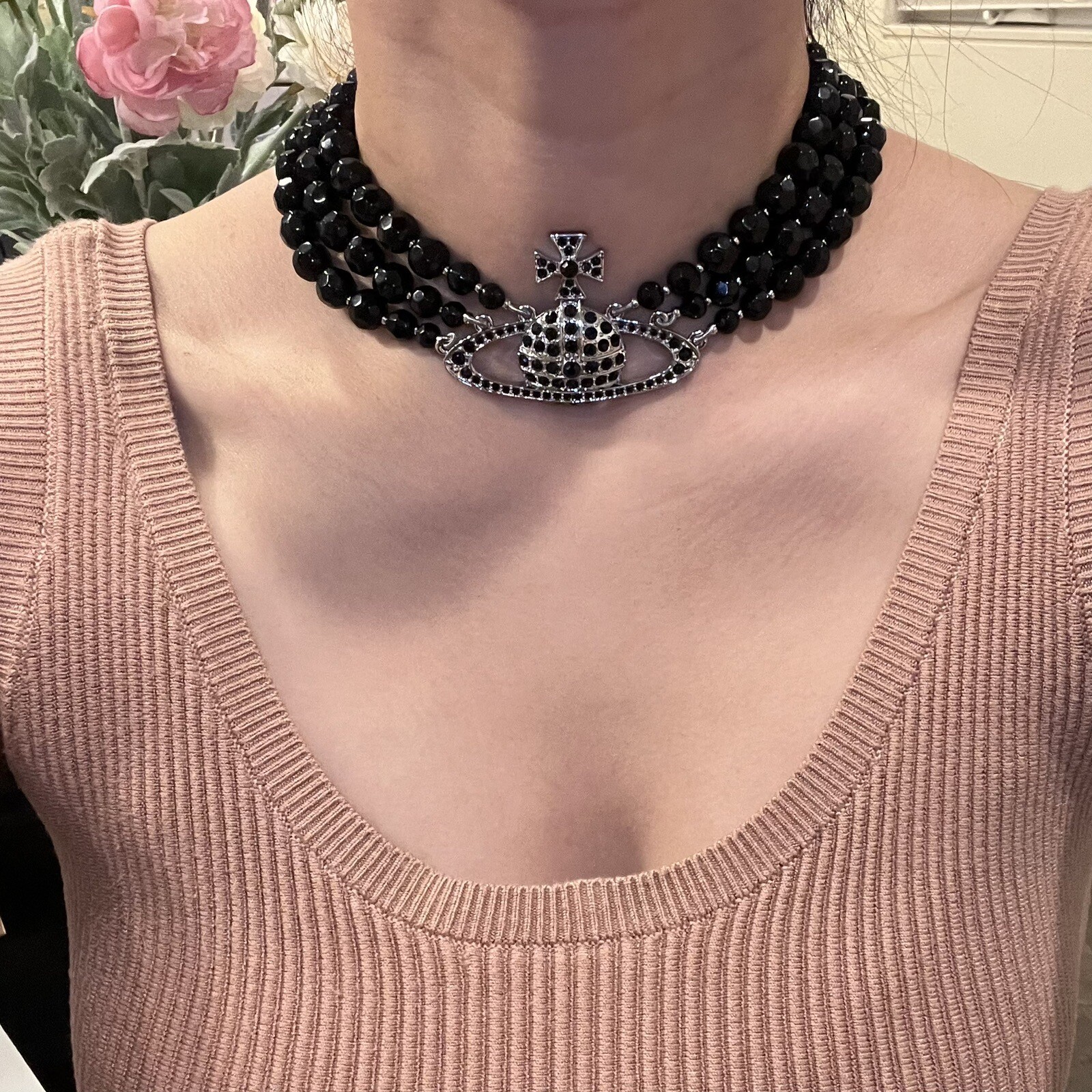 Vivienne Westwood Black Crystal Three Row Saturn Bas Relief Choker - With Box