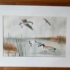 Canadian Geese on Concord River Massachusetts Watercolor Painting Signed Framed