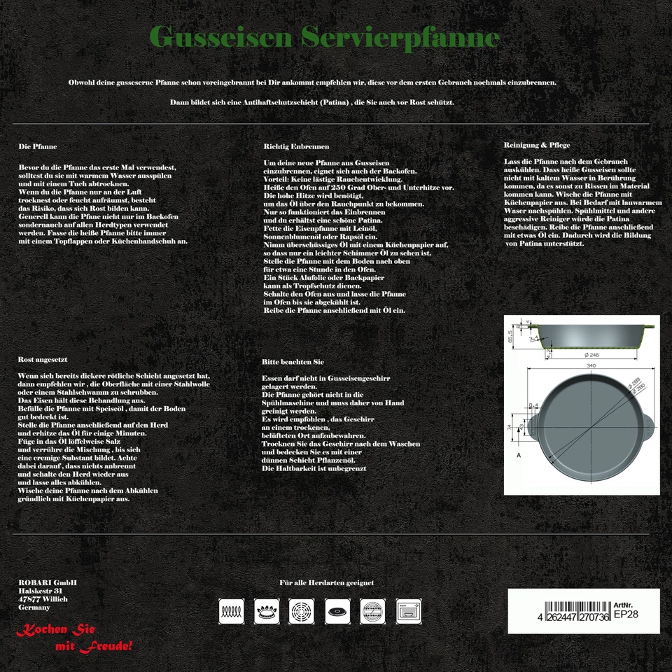 Grillpfanne Gusseisen Pfanne Servierpfanne 28 cm emailliert - Bild 4 von 4