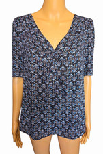 LOFT Women's Sz S Floral V-Neck S/Sleeve Pullover Blouse Black Blue White, NWT